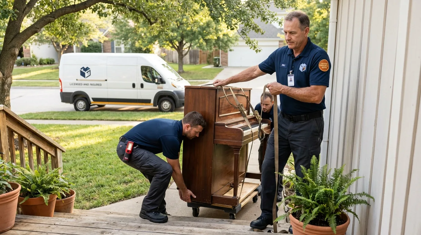 Licensed piano movers securing grand piano in Gerald, MO