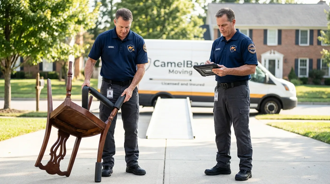 Movers inspecting furniture for damage prevention before loading in Gerald, MO